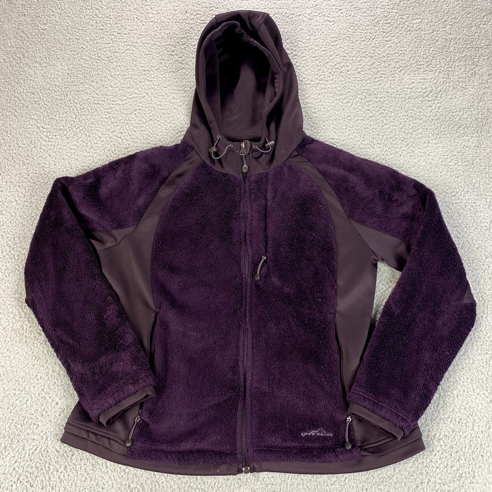 Eddie Bauer Fleece Jacket Womens XL Purple Hood Full Zip Plush Sherpa High Pile